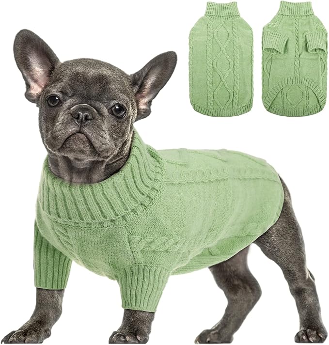 Queenmore Small Dog Pullover Sweater, Cold Weather Cable Knitwear, Classic Turtleneck Thick Warm Clothes for Chihuahua, Bulldog, Dachshund, Pug, Yorkie (Green, Small)