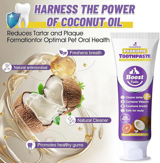 Natural Coconut Oil Cat & Dog Toothpaste.Enzymatic & Probiotic Formula with VitaminB. Gently Reduces Plaque, Tartar & Bad Breath. SGS Certified – Passed 43 Safety Tests. 3.52oz–Coconut Chicken Flavor