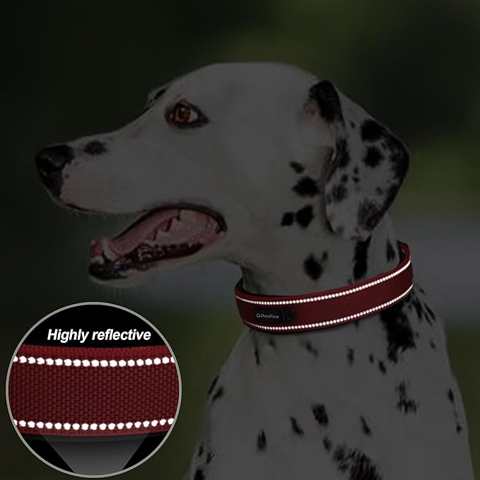 PetiFine Dog Collar for Large Dogs, Neoprene Padded and Adjustable, Reflective Wide Heavy Duty Pet Collars with Durable Metal Belt Buckle for Walking, Red, L