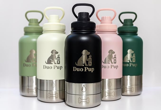 DuoPup 32oz Insulated Stainless Steel Pet Water & Food Bottle – Portable Leak-Resistant Dispenser with Two Detachable Bowls & Carrying Strap – Travel, Hiking & Outdoor Pet Hydration – Pink