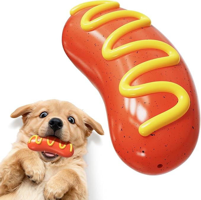BURIESUR Dog Chew Toys,Interactive Dog Toys to Keep Them Busy,Hot Dog Tough Toys for Training and Cleaning Teeth,Rubber Dog Toys for Aggressive Chewers,Indoor Outdoor Play for Dogs,Dog Birthday Gift