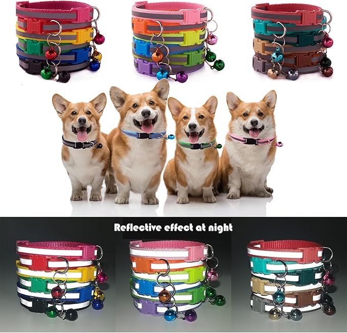 18Pcs Reflective Puppy Collars, Cat ID Collars with Bell Adjustable 19-32cm, Soft Nylon Adjustable Quick Release Identification Collars for Puppy Cat(Unbreakaway)