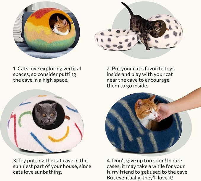 MEOWFIA Cat Cave – Premium Felt Cat Bed for Indoor Cats, Handmade 100% Merino Wool, Cat (Large, Ivory Rainbow)