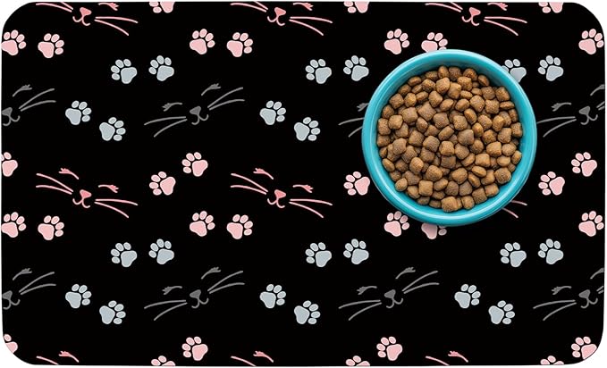 Patterned Cat & Dog Bowl Mat for Food and Water, 17"×30" Quick Dry Absorbent Pet Feeding Mat, Eco-Friendly Dog Placemat