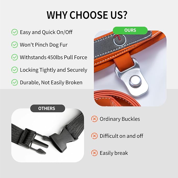 Magnetic Quick-Release Buckle Dog Harness and Leash Set, Easy Walk Faux Leather Puppy Harness, Easy On & Off Dog Vest with Handle for Medium, Large Girl Boy Dogs for Hiking Training, Orange, L