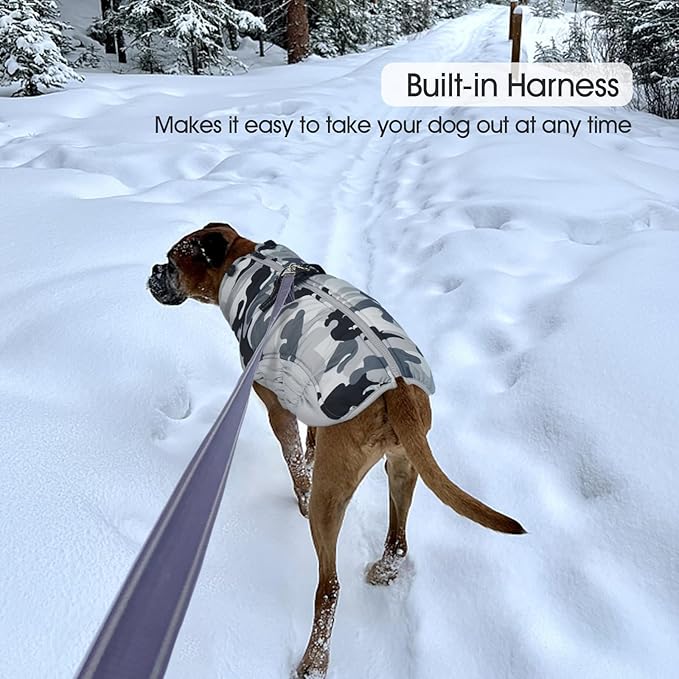 FUAMEY Dog Coat for Large Dogs,Waterproof Dog Winter Jacket with Harness Built in Puppy Cold Weather Coats Reflective Pet Vest with Zipper Warm Fleece Dogs Snowsuit Windproof Grey Camo XL