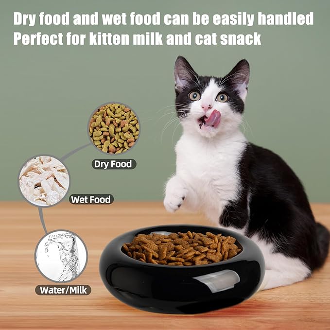 6.1 Inch Cat Bowls, 7 oz Ceramic Cat Food Bowl, Whisker Fatigue Relief Bowl, Anti-Vomiting, Protect Spine, Perfect for Indoor Cats(2pc Black)