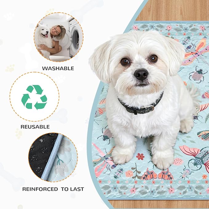 Lahome Washable Reusable Pee Pads for Dogs - Blue Butterfly & Insect Print 2 Pack Puppy Pads, Super Absorbent & Waterproof Training Mats for Crate & Floor - Leakproof with Non-Slip Backing (24"x24")