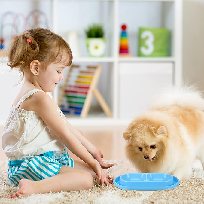 2 Pieces Cat Dog Food Bowl, 25 oz Plastic Double Pet Food Water Bowls Feeding Bowl Tray Cat No Spill for Dogs Pets Outdoor, Pink and Light Blue