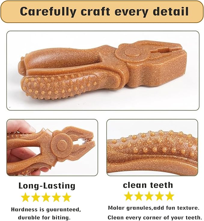Dog Chew Toys, Aggressive chewer toy for Medium& Large dogs, Made of real pine wood and durable Food-Grade nylon, with Tool Shape Design for Dental Cleaning and Long-Lasting Chewing (brown-Pliers)