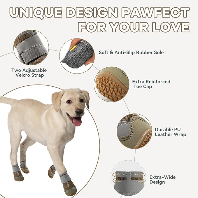 Dog Booties,Waterproof Dog Shoes for Large Medium Small Dogs,Suitable for Summer Hot Pavement,Adjustable Non-Slip Rubber Paw Protector (Brown, #7 (Width 2.8 inch) for 63-78 lbs)