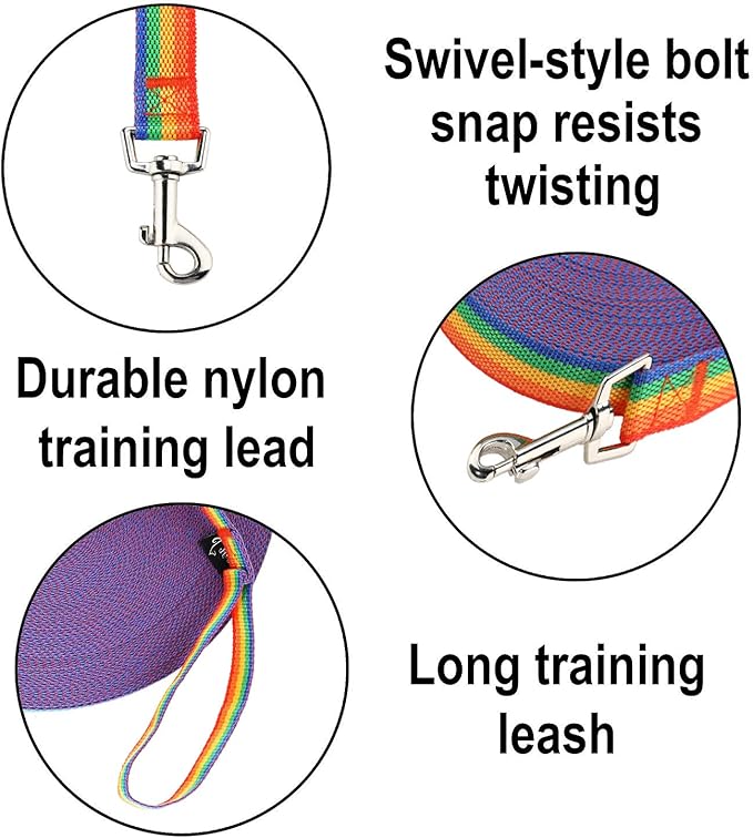 Hi Kiss Dog/Puppy Obedience Recall Training Agility Lead - 15ft 20ft 30ft 50ft 100ft Training Leash - Great for Training, Play, Camping, or Backyard (50 Feet, Rainbow)