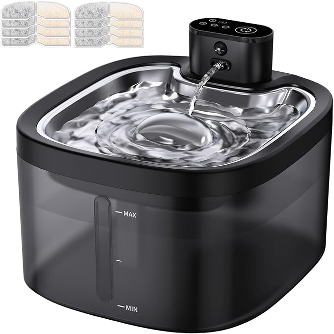 Wireless Cat Water Fountain with Stainless Steel Tray, 3.5L/118oz Rechargeable Battery Pet Water Dispenser, Ultra-Quiet Indoor Fountain with Motion Sensor, BPA-Free(8Filters)