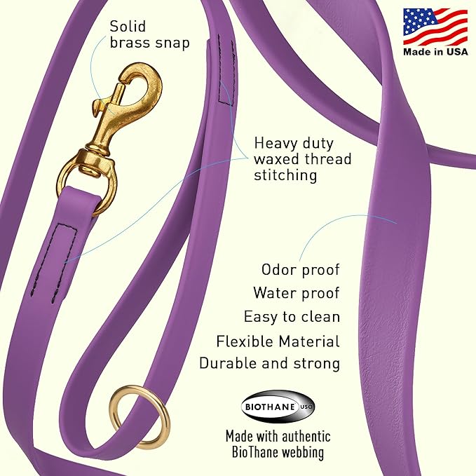 Viper Biothane K9 Working Dog Leash Waterproof Lead for Tracking Training Schutzhund Odor-Proof Long Line with Solid Brass Snap for Puppy Medium and Large Dogs 6ft, Amethyst Purple