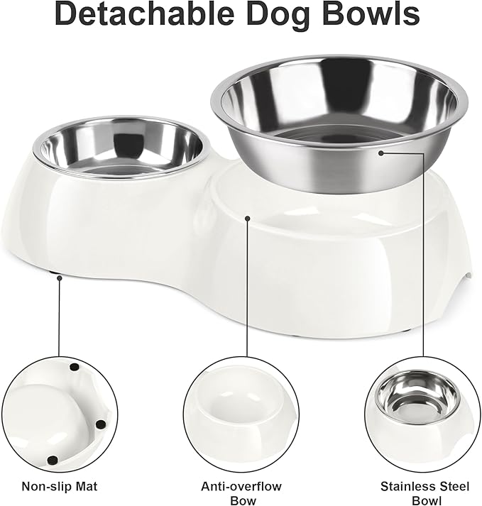 Elevated Dog Bowls Set - Non-Slip Raised Pet Feeder with Medium (10 oz) & Large (20 oz) Stainless Steel Bowls - Includes Durable Resin Stand for Corgi Puppies and Adult Cats - White