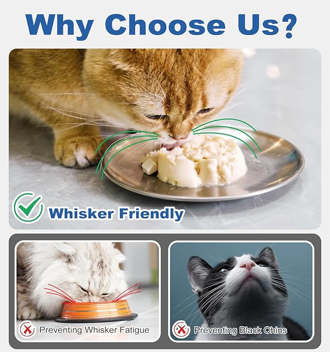 Supet Stainless Steel Cat Food Bowls, Whisker Fatigue Dishes with Non-Slip Bottom, Shallow Wide Cat Plates for Wet & Dry Food, 13OZ Kitten Bowls for Indoor Cats (4Pcs)
