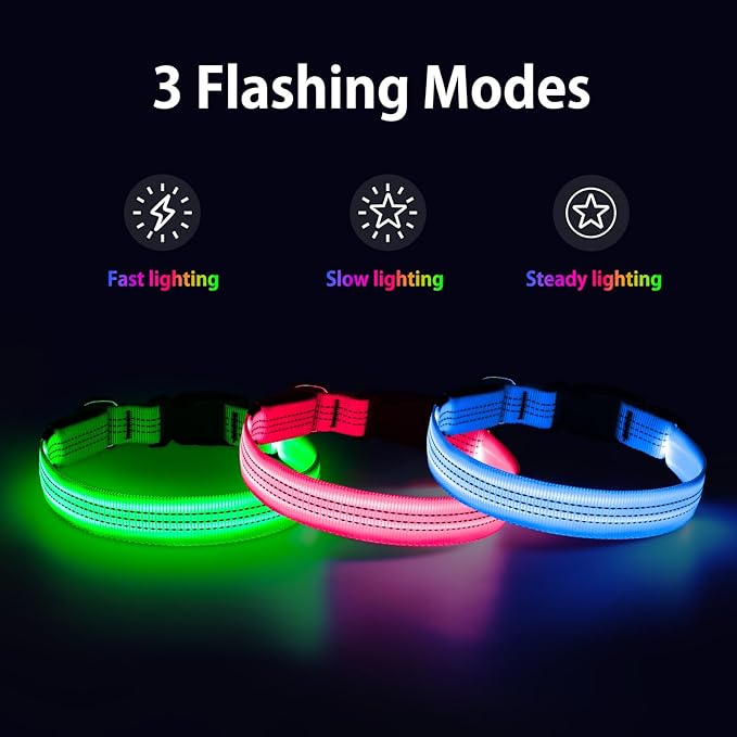 DOMIGLOW Light Up Dog Collar, USB Rechargeable LED Dog Collars Glow in The Dark, 3 Flash Mode Safety Collar Light for Nighttime Walking (Blue, L)