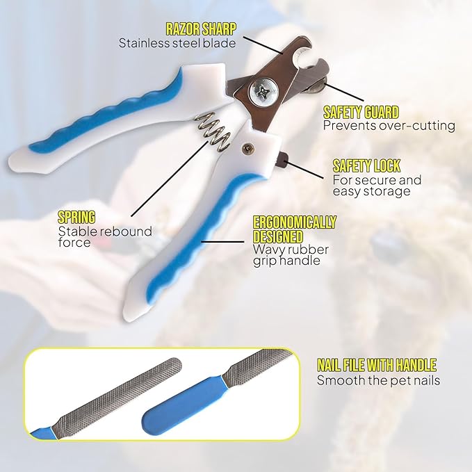 Pet Nail Clipper & Trimmers for Small Medium Breed Dog & Cat - Professional Grooming Tool Built-in Safety Guard, Non-Slip Handle and Bonus Nail File & Hair Comb Pet