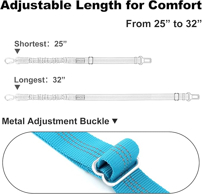 Dog Seat Belt for Car, Adjustable Dog Car Harness Seatbelt for Small Medium Large Dogs, Heavy Duty Travel Safety Restraint with Locking Aluminum Hook & Reflective Nylon Strap, Light Blue