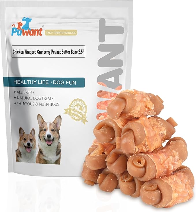 Pawant Dog Chewing Bone Chicken Wrapped Cranberry Peanut Butter Bone Dog Treat Snacks Teeth Cleaning 2.5" 454g
