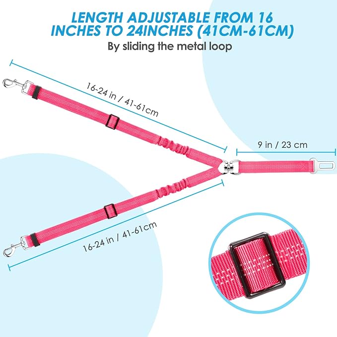 SlowTon Dog Seat Belt, Double Dog Seatbelt Adjustable Vehicle Safety Leash with Elastic Bungee Buffer, Reflective No Tangle Y Shape Two Dog Harness Seat Belt Splitter for Pets Car Trip (F-Pink, S)