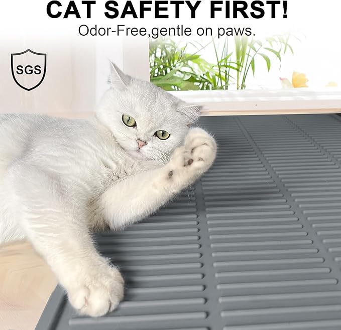 Cat Mat for Litter Box: Groove Design for Scatter Control - Easy Clean Silicone Cat Litter Mat (24"x15",Pack of 2,Grey)