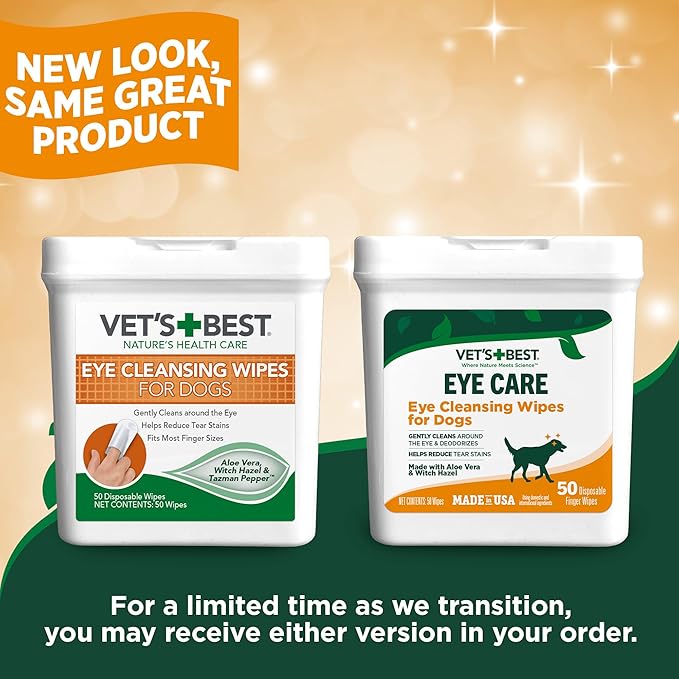 Vet's Best Eye Cleansing Wipes for Dogs, Gentle Tear Stain Remover For Dogs, Eye Wipes for Dogs with Aloe Vera & Witch Hazel (50 Count Dog Eye Wipes)