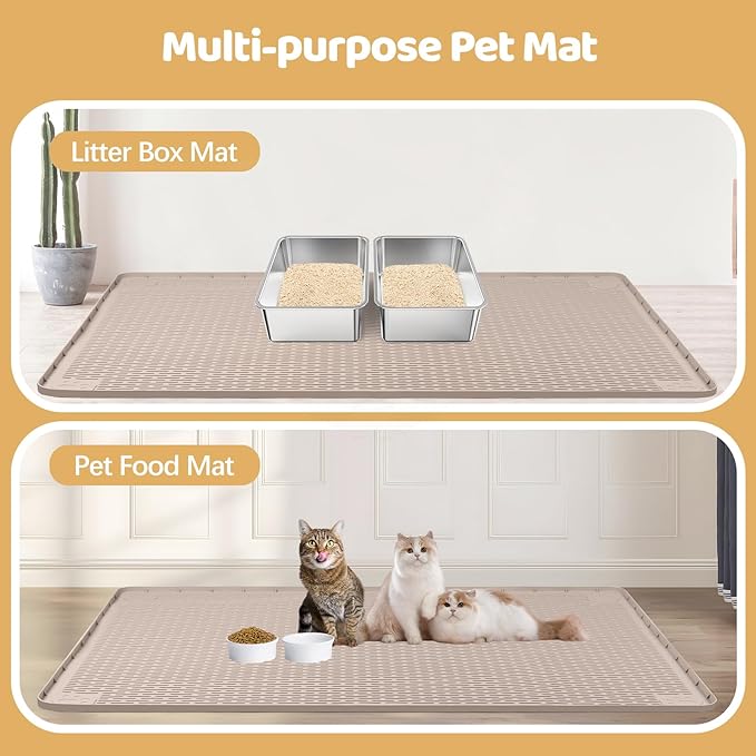 Cat Litter Mat, XL Extra Large 57" x 40" Silicone Mat Litter Trapping Mat for Scatter Control, Soft on Kitty Paws, Easy to Clean (Khaki)