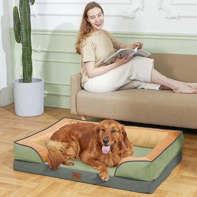 Comfort Expression Orthopedic Dog Bed for Large Dogs 36x27 Inch, Waterproof Egg Crate Foam Large Pet Bed with Removable Bolsters, Dog Couch with Washable Cover & Non-Slip Bottom, Avocado