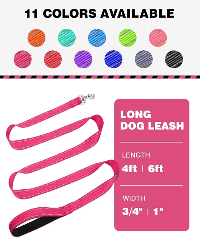 Erbine 6FT Reflective Nylon Dog Leash with Soft Padded Handle for Walking, Running and Training, Supports Small Medium and Large Dogs (Hotpink, 3/4Inch Wide)