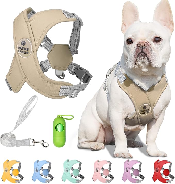 Patas Lague Dog Harness with Leash Set Adjustable Soft Padded Step-in Dog Vest No Choke No Pull Reflective for Small Medium Pets with Poop Bags and Dispenser, Solid and No-chew, Brown M