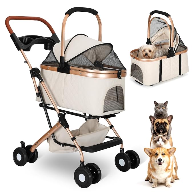 Dog Stroller for Small & Medium Dogs & Cats, Foldable Pet Stroller Wagon Carries Up to 44 lbs, Dog Wagon with Storage Basket and Cup Holders, Plus a Removable Portable Pet Carrier