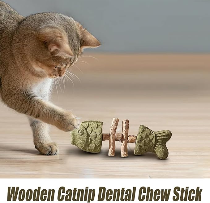 3PCS Cat Dental Health Chew, Natural Fishbone Shape Teething Toy with Catnip, Durable Feline Tooth Care Tool
