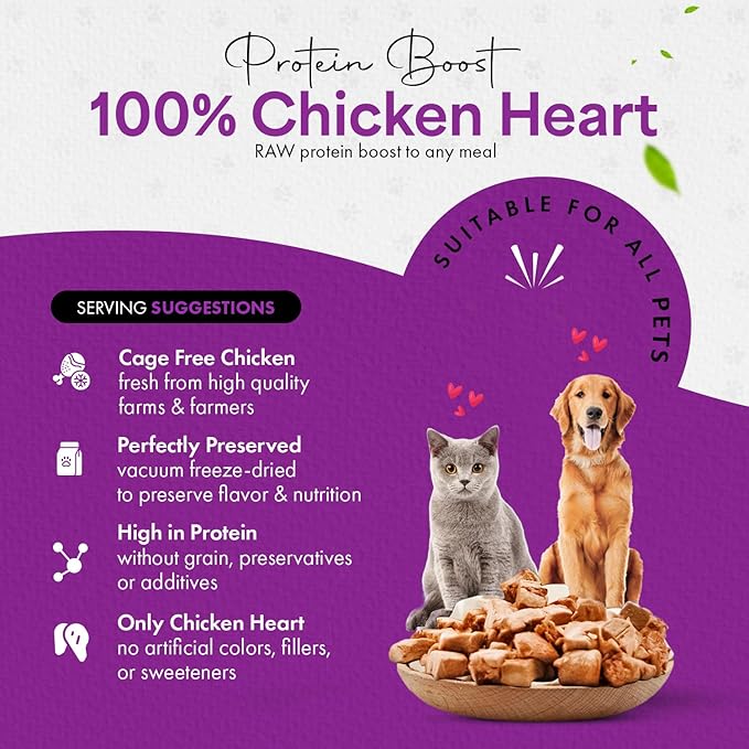 Chef Kitty Freeze-Dried Chicken Heart Treats for Cats & Dogs – 100% Human Grade, Single Ingredient, High-Protein, Healthy Snack – No Additives or Preservatives – 2.6oz - Inspected & Tested in USA