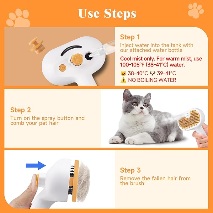 Pet Steam Brush Dog Cat 2025 New Grooming Comb for Shedding, Floating Hair, Smooth & Detangling, Gentle Cool Mist Softens Hair Reduces Static Helps Pets Who Dislike Bathing