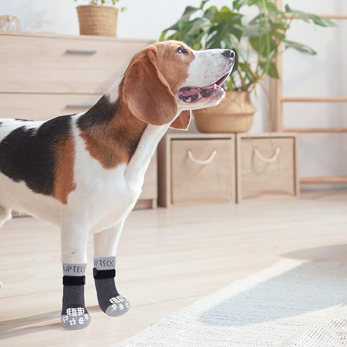 PUPTECK Anti Slip Dog Socks 2 Pairs with Double Grippers for Hardwood Floors, Shoes for Hot/Cold Pavement, Boots & Paws Protectors to Prevent Licking, Traction Booties for Senior Small Large Dogs