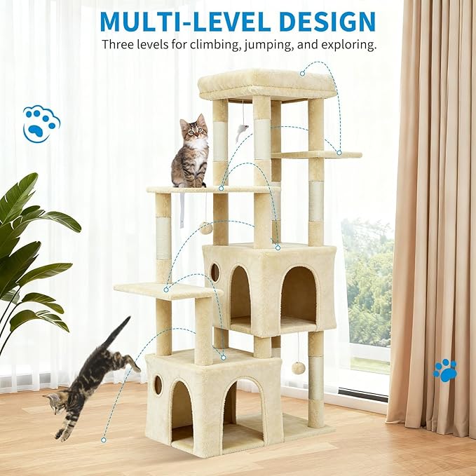 Cat Tree - 157cm Tall, Sisal Wrapped Scratching Post, Cat Nest, Hanging Ball, Extended Platform