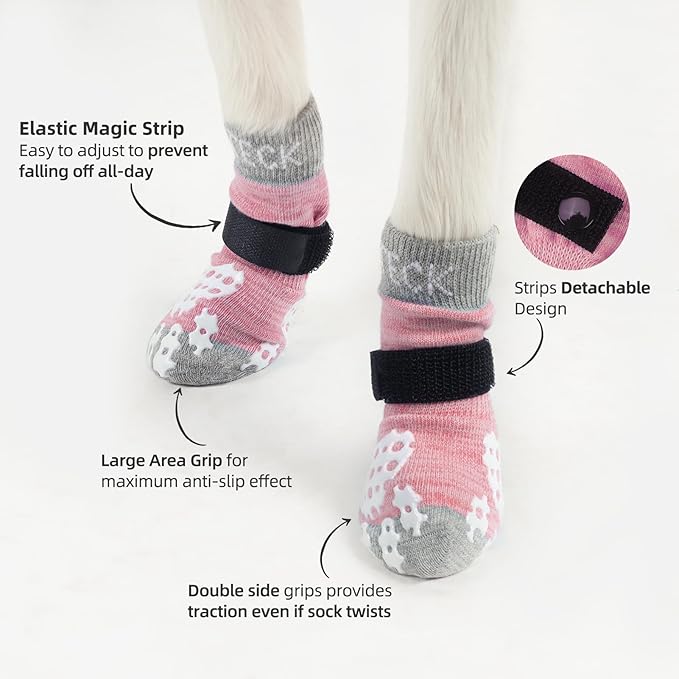 PUPTECK Anti-Slip Dog Socks with Double Sides Grips for Small Medium Large Dogs Hardwood Floors Prevents Licking, Dog Shoes for Hot Pavement Traction Control Paw Protector for Senior Dogs, Pink XL