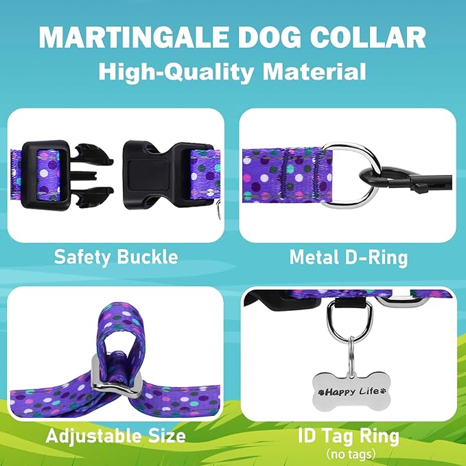 Reflective Martingale Collar for Dogs with Quick Release Buckle Cute No Pull Training Dog Collars (Purple Polka Dot, Large)