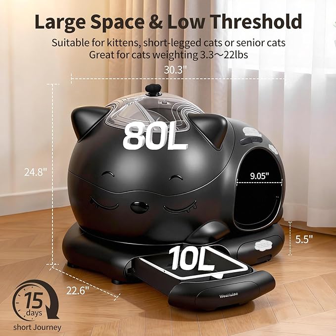 Automatic Cat Litter Box for Multiple Cats, Large Capacity Detachable Top Self-Cleaning Litter Box with App Control & AI Camera Monitoring, Odor Control, Safety Sensors, Black