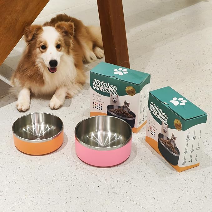 LIHONG Stainless Steel Dog Bowls for Large Dogs,Dog Food Water Bowls with Non Slip Rubber Bottom,Pet Feeding Bowl,Double Wall Insulated,Rustproof(64oz,Pink)