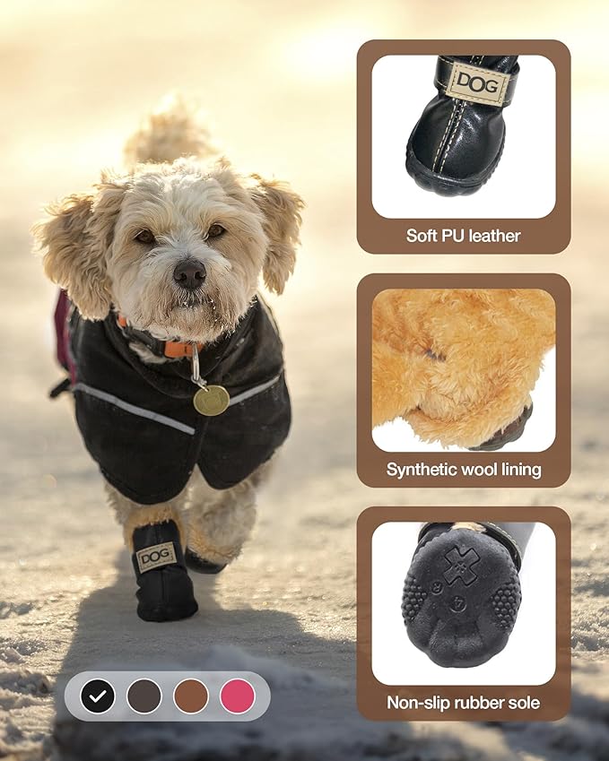 Winter Dog Boots & Paw Protectors: Outdoor Anti-Slip Dog Snow Shoes, Dog Booties Provide Warmth to Dogs Paws from Ice and Snow, Rubber Sole PU Leather Upper Faux Fleece-Lined, Black Dog Shoes Size 3