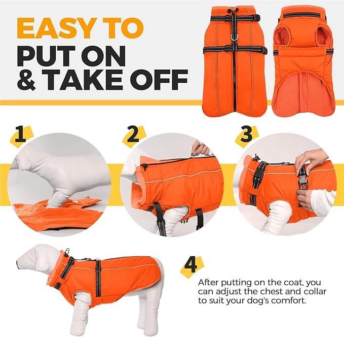Lelepet Dog Winter Coat Waterproof Dog Jacket with Harness Built in Windproof Reflective Pet Coats for Small Medium Large Dogs, Thermal Fleece Lined Coats for Cold Weather Walking Hiking, Orange, S