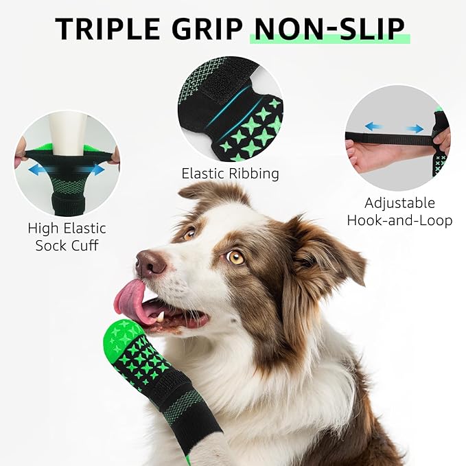 SCENEREAL Anti Slip Dog Socks to Prevent Licking Paws, Dog Booties & Paw Protectors for Hot Pavement Hardwood Floors, Traction Control for Small Medium Large Senior Dogs, Green M