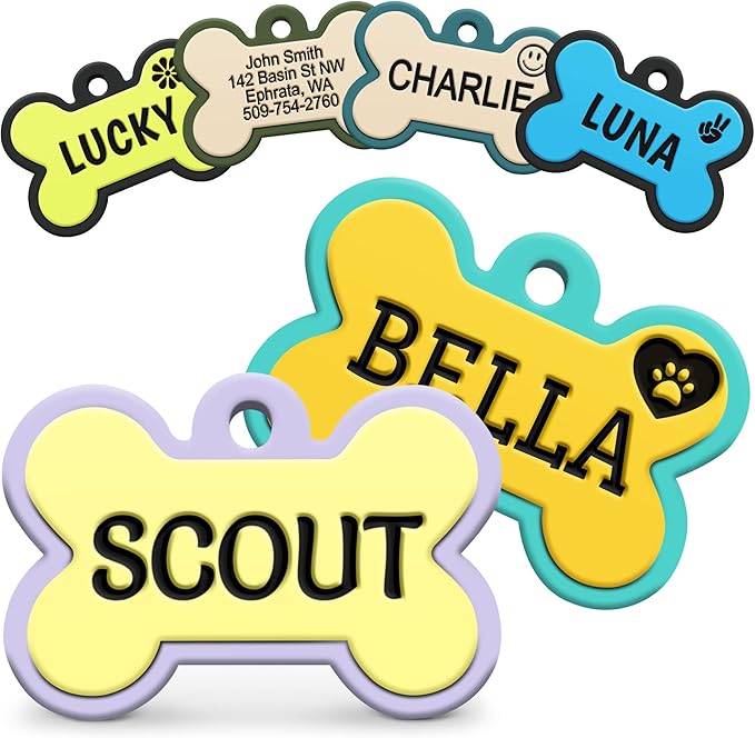 GoTags Silicone Dog Tags, Soundless Pet Tag, Personalized Silent Tag Engraved for Pets with Cute Custom Designs, for Dogs and Cats, (Bone, Herbal Bloom)