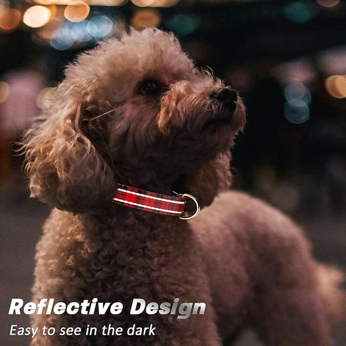 Reflective Dog Collar for Medium Dogs, Cute Boho Adjustable Heavy-Duty Nylon Puppy Collar for Boy and Girl Female, Soft Pet Accessories with Quick Release Buckle, Black Red Tartan