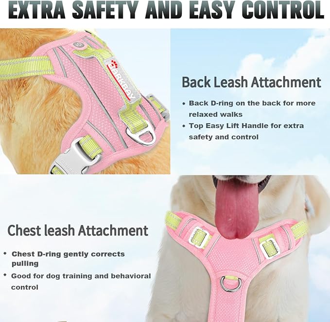 BARKBAY No Pull Dog Harness Large Reflective Dog Harness with Front Clip and Easy Control Handle for Walking Training Running with ID tag Pocket(Baby Pink & Sunlight,M)