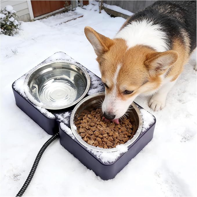 Heated Pet Bowl for Outdoor Cats & Dogs in Winter, Anti-Freeze Food & Water Pet Dual Bowl with Chew-Resistant Cord, Waterproof for Winter Feeding, 20.3oz Each
