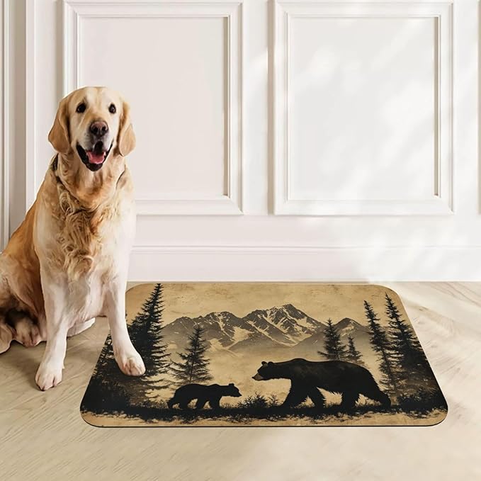 Rustic Bear Dog & Cat Food Mat for Floors Waterproof,Quick Dry Anti-Slip Bowl Mats for Food and Water,Pet Feeding Mats,Pet Placemat for Messy Drinkers to Protect Floors,Pets Supplies 23.62×15.75in
