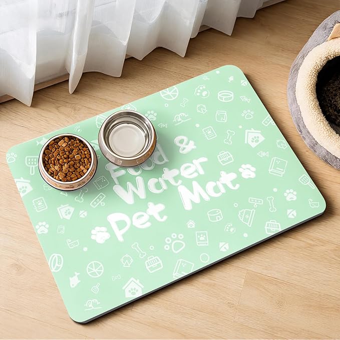 Pet Feeding Mat,Dog Cat Mat for Food and Water,Dog Bowl Waterproof Placemat with Rubber Backing,Absorbent Quick Dry Water Dispenser Mat for Pet（Green 12"×18"）